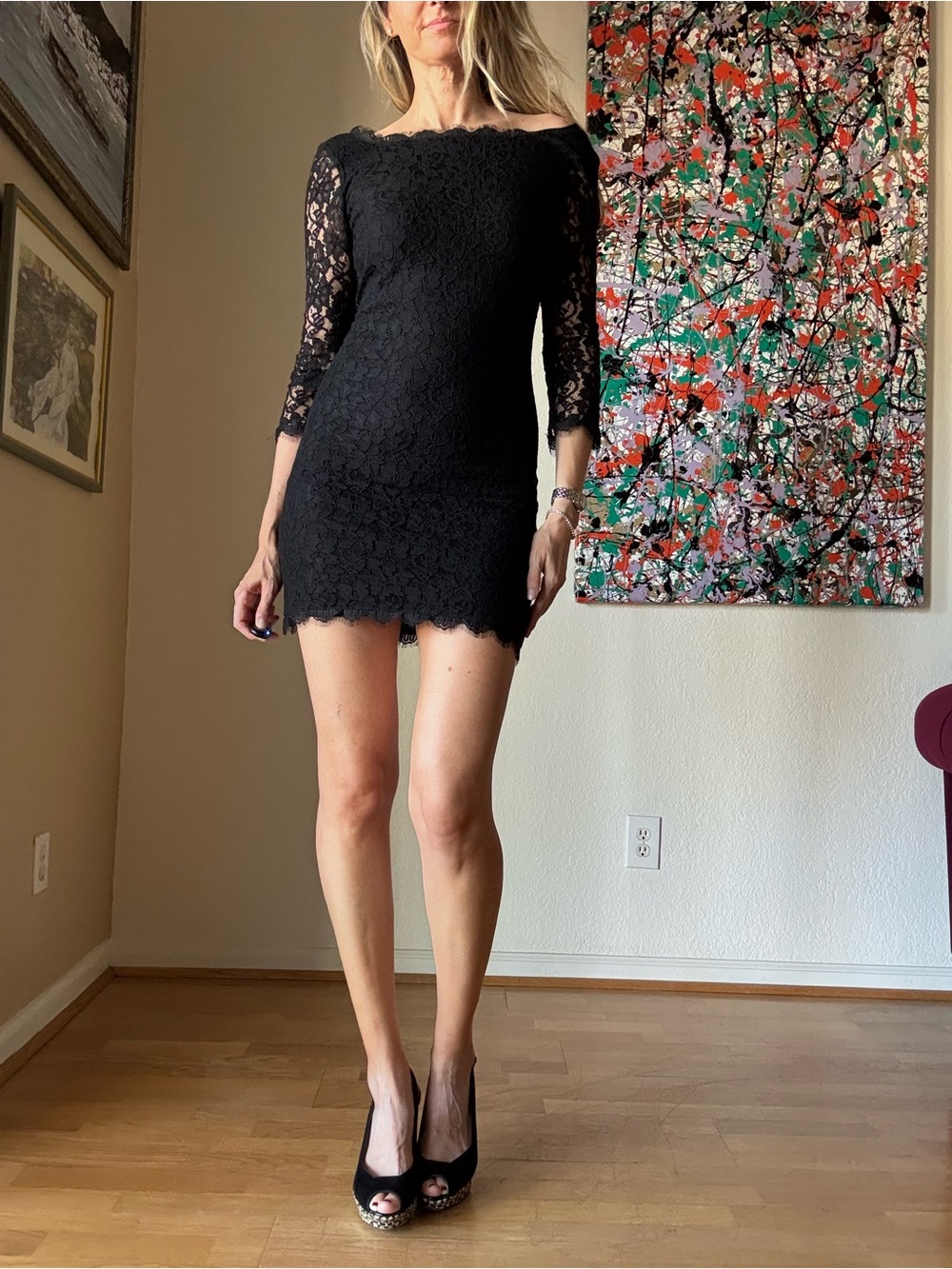 Diane Von Furstenberg Black Lace Off-Shoulder Mini Dress